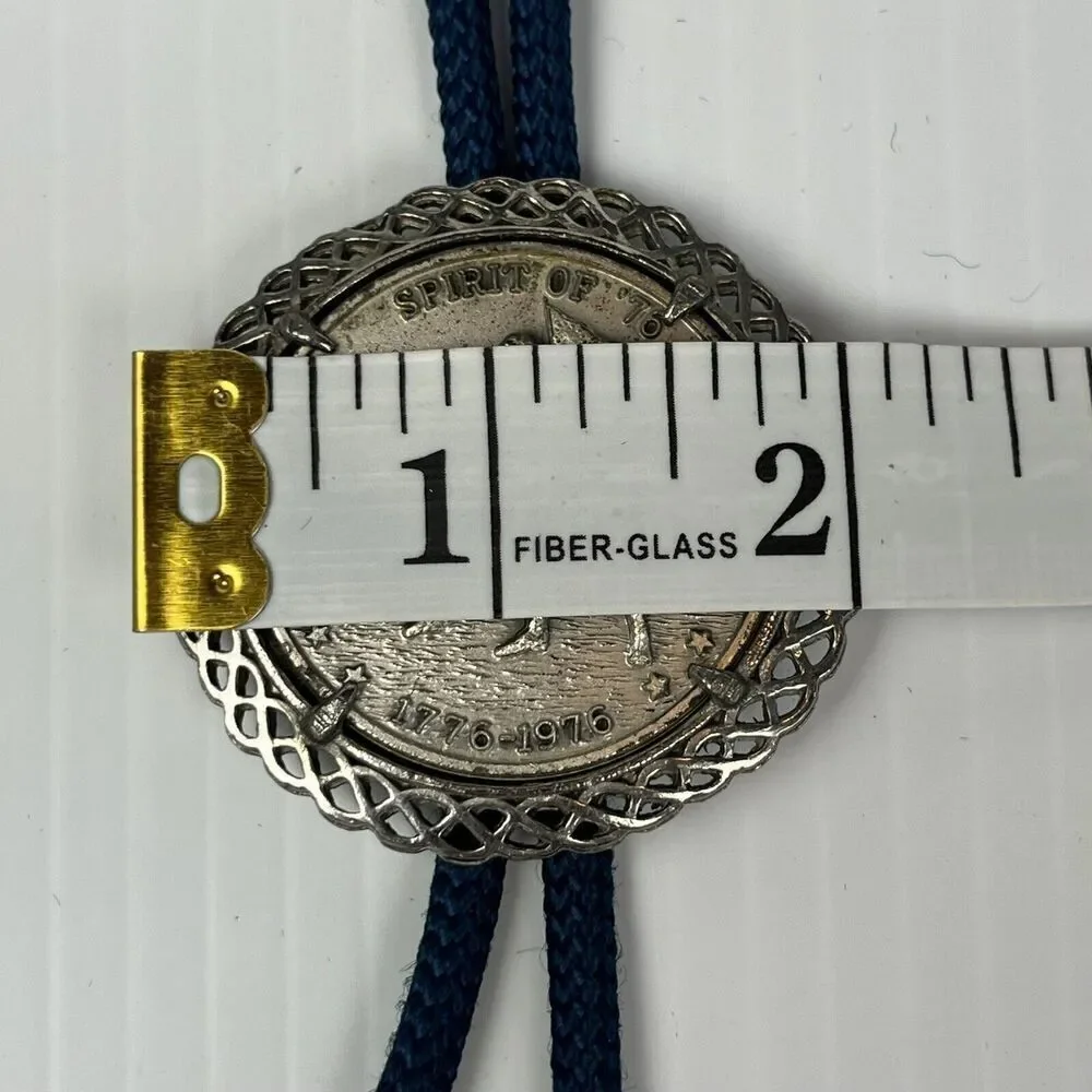 Vintage Bolo Tie Bicentennial 1776-1976 Spirit OF 76 Blue Silver Metal Clasp